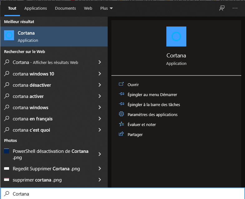 Cortana dans la barre des recherches 