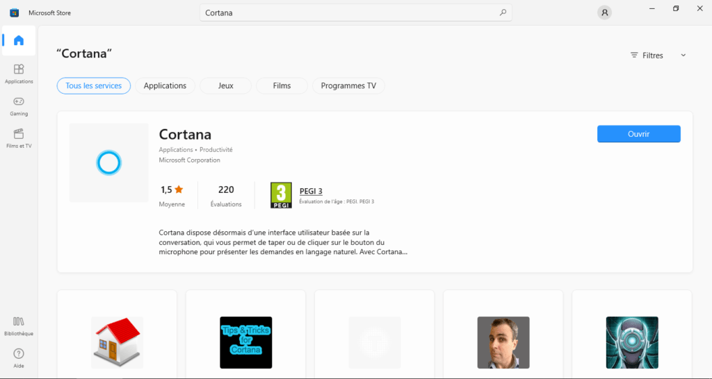 Rechercher Cortana dans Microsoft Store 
