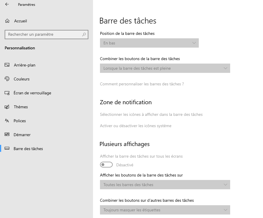 Parametres Windows 10 barre des taches
