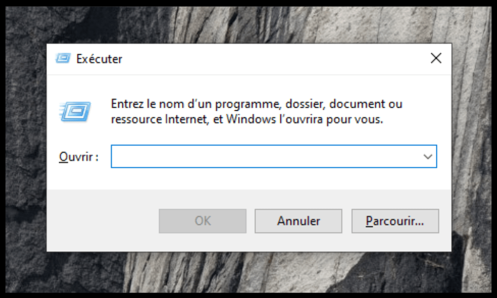Windows + R pour ouvrir la boîte de dialogue Exécuter