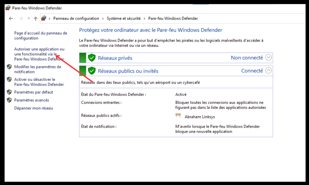 Panneau de configuration option « Autoriser une application ou une fonctionnalité via le Pare-feu Windows Defender »