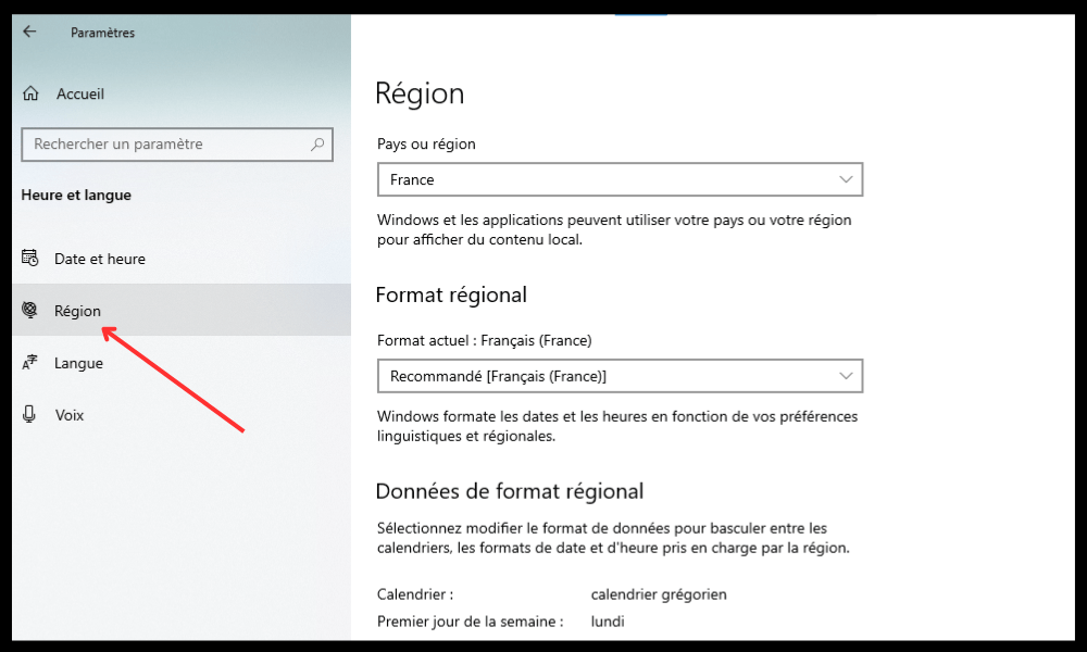 Paramètres Windows Option Région 