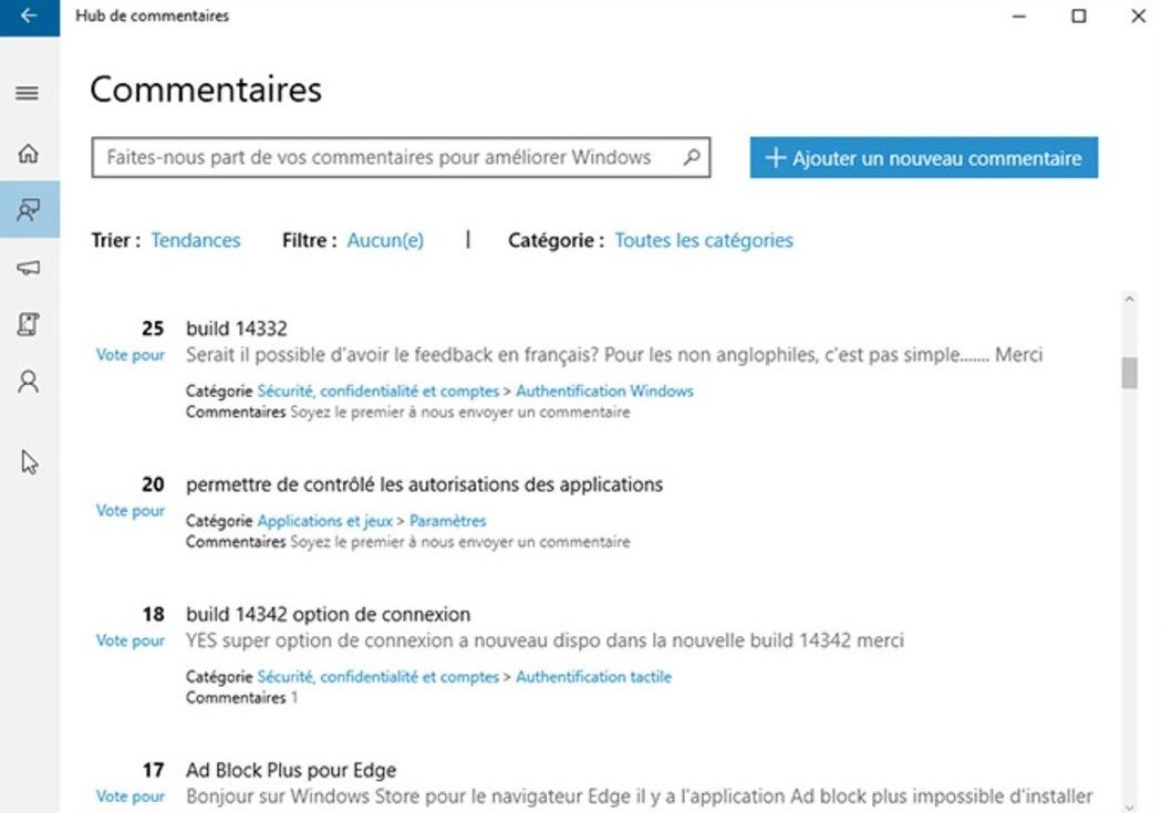 hub commentaires win10