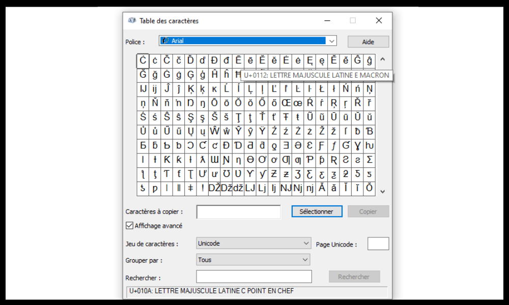  la table des caractères sur Windows 