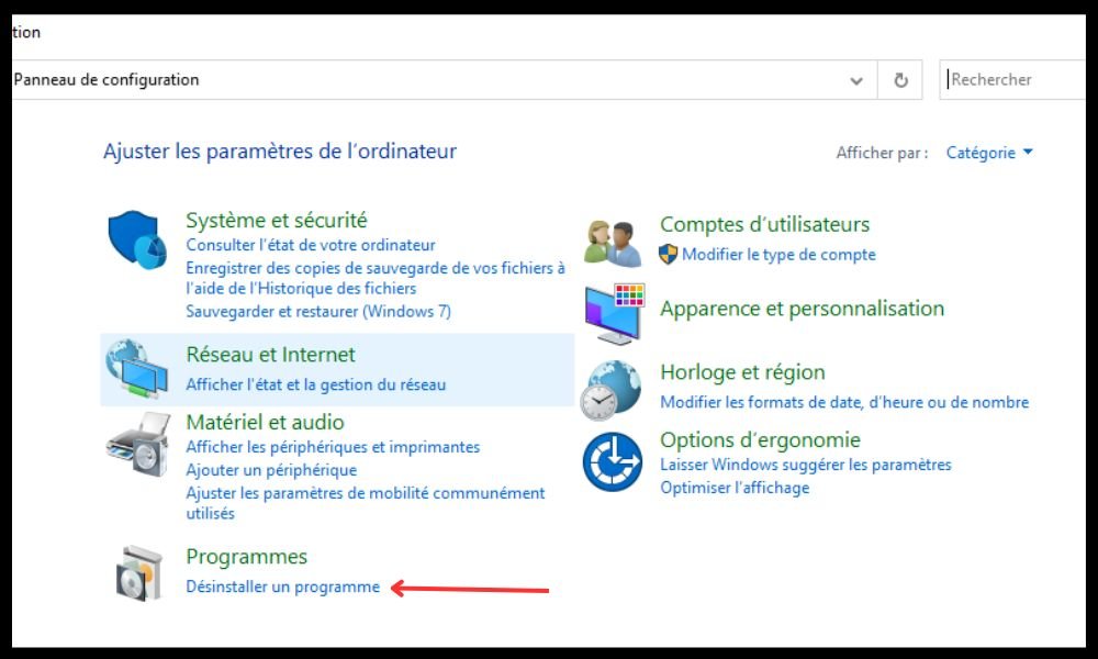 Désinstaller un programme sous la catégorie Programmes dans Windows 