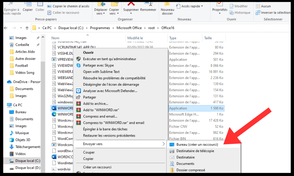 Comment créer un raccourci pour le fichier winword.exe ?