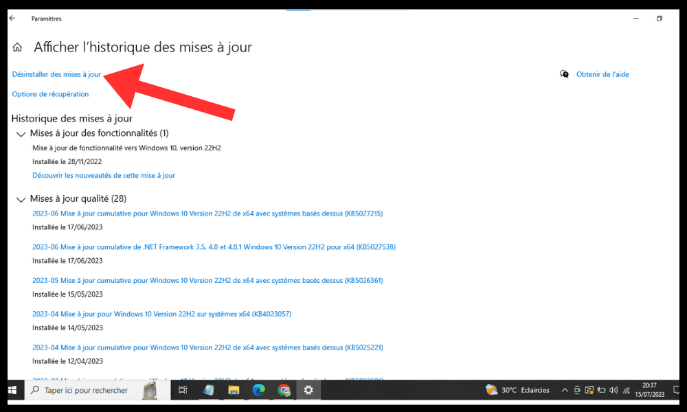 Désinstaller les mises à jour  dans Windows Update 