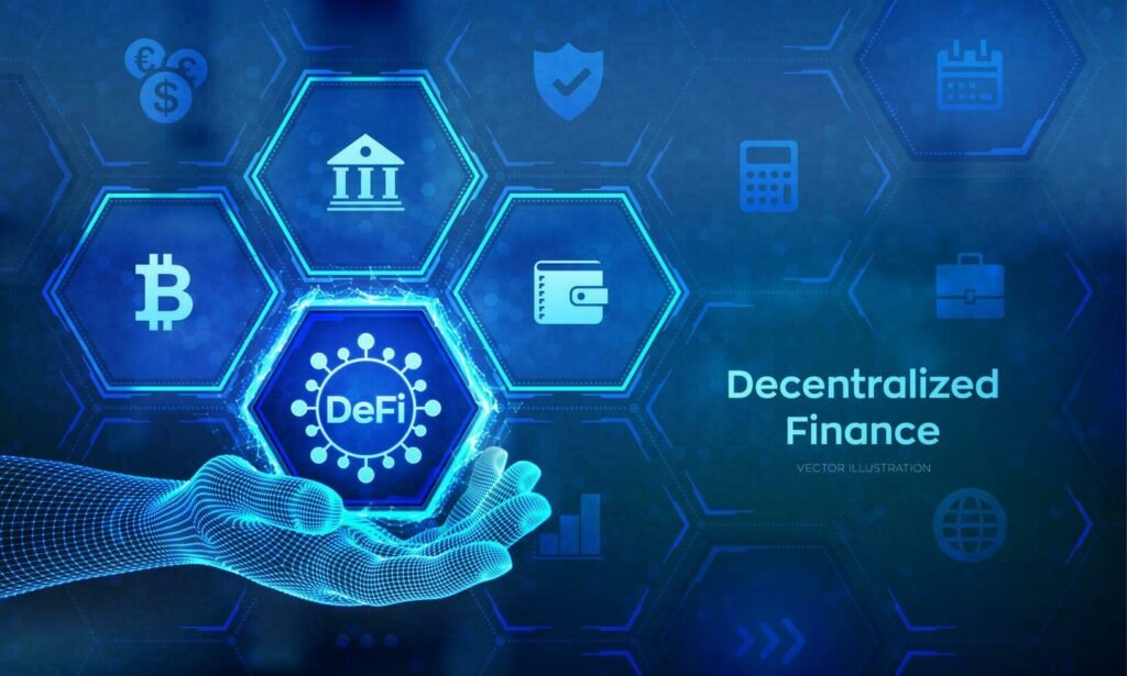 23894489 desafío finanzas descentralizadas blockchain sistema financiero descentralizado concepto de tecnología empresarial en mano ilustración de vector de estructura alámbrica